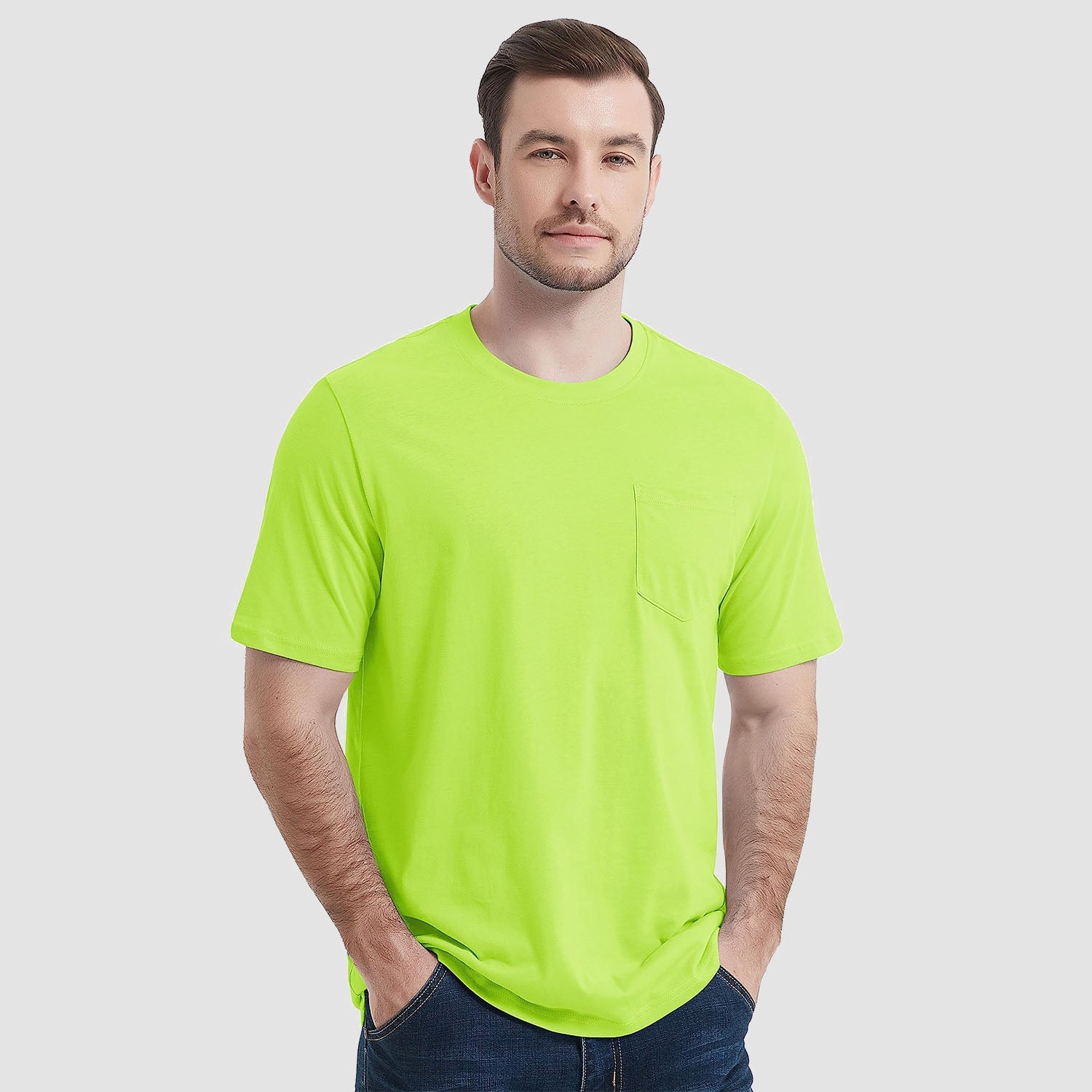 Men's white crew neck cotton tee with chest pocket, short sleeve casual everyday comfort fit