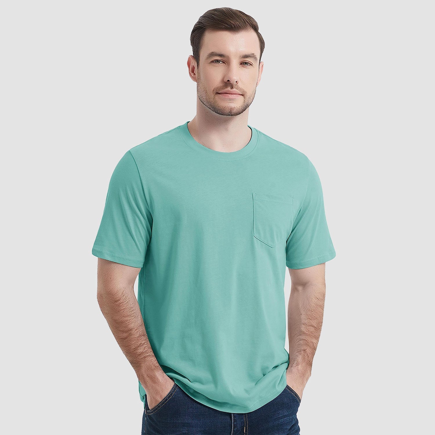 Men's white crew neck cotton tee with short sleeves and classic left chest pocket