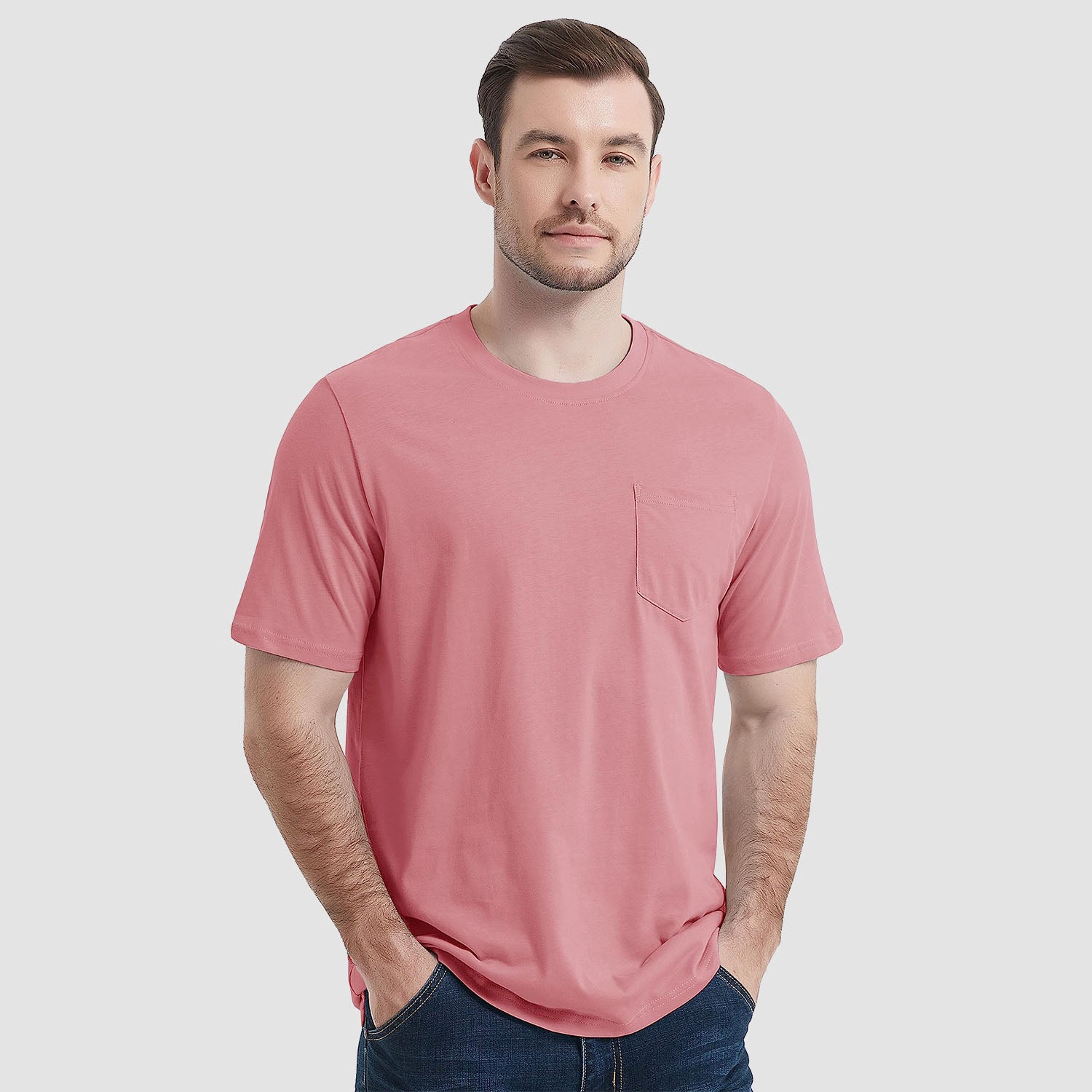 Men's white crew neck cotton pocket tee, classic short sleeve cut with chest pocket detail