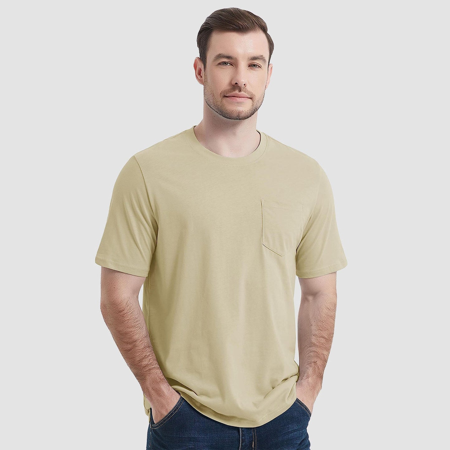 Men's white crew neck cotton tee with chest pocket, short sleeve classic everyday fit