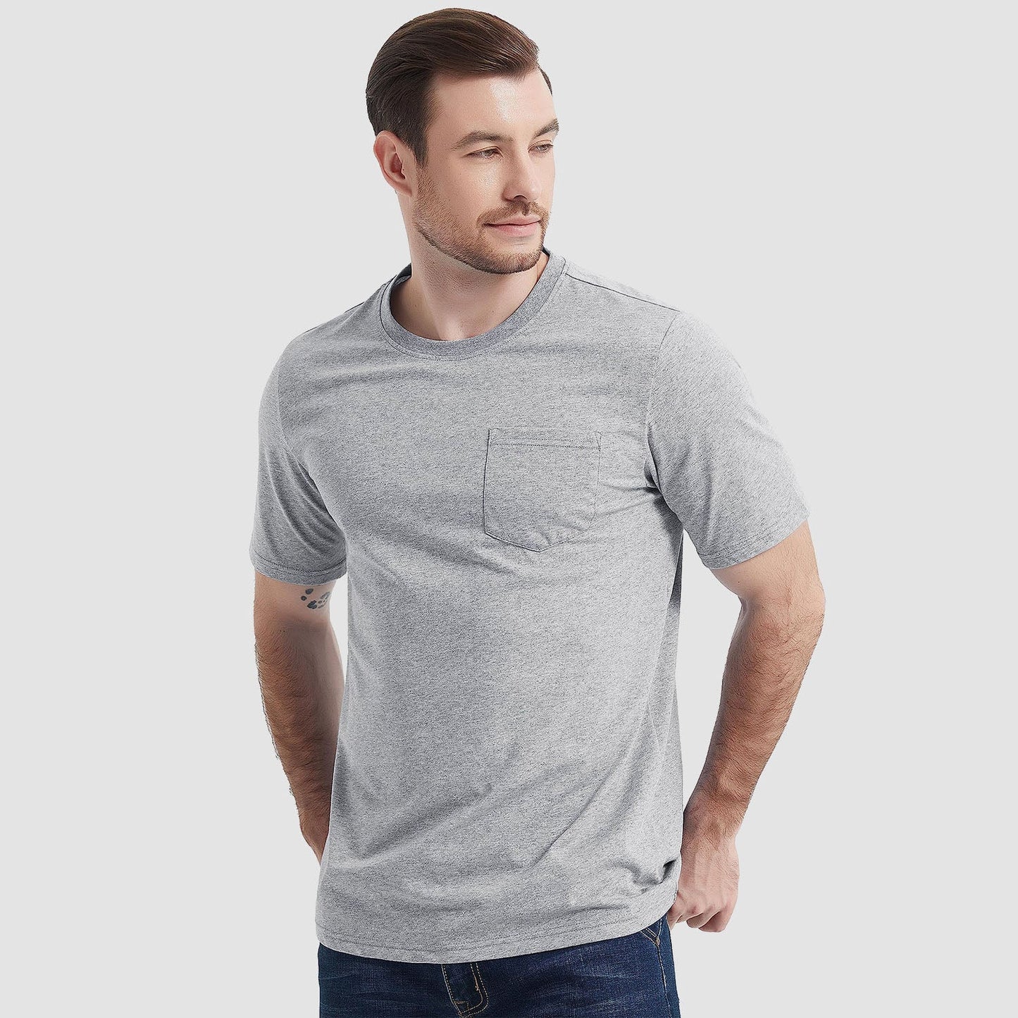 Men's white crew neck cotton tee with chest pocket, short sleeve classic fit for everyday wear