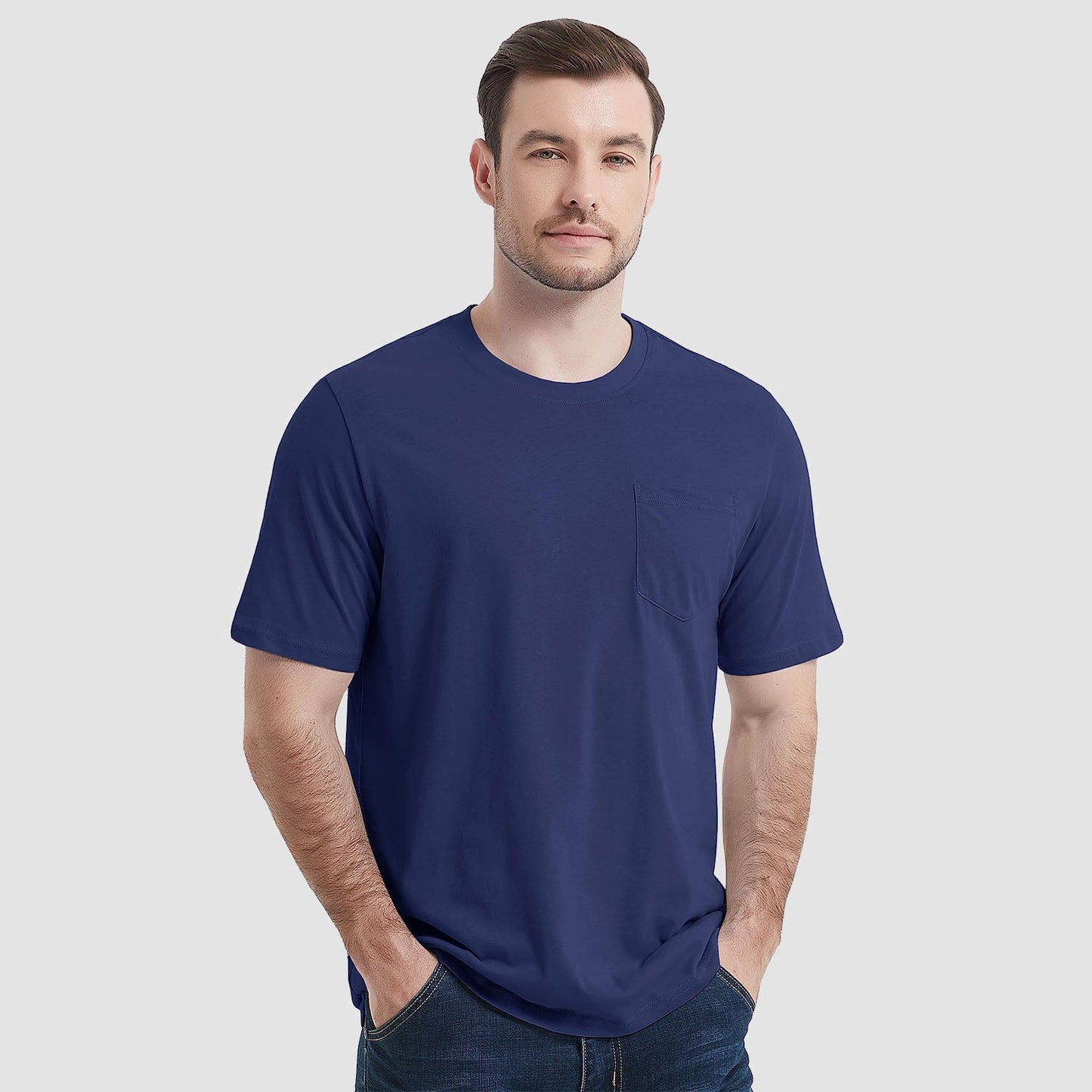 Men's premium cotton crew neck tee with chest pocket, classic fit, versatile everyday style
