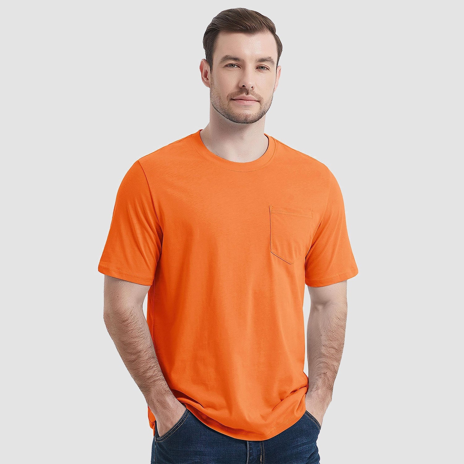 Men's white crew neck cotton tee with short sleeves and functional chest pocket