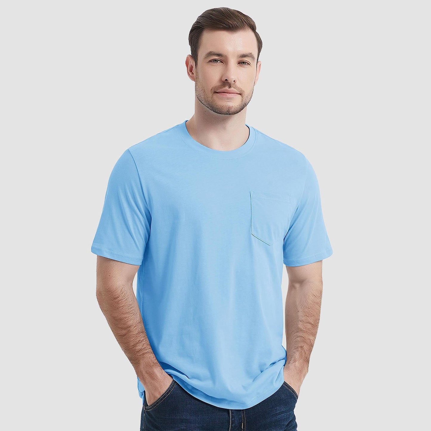 Men's white cotton crew neck tee with chest pocket, short sleeve classic everyday fit