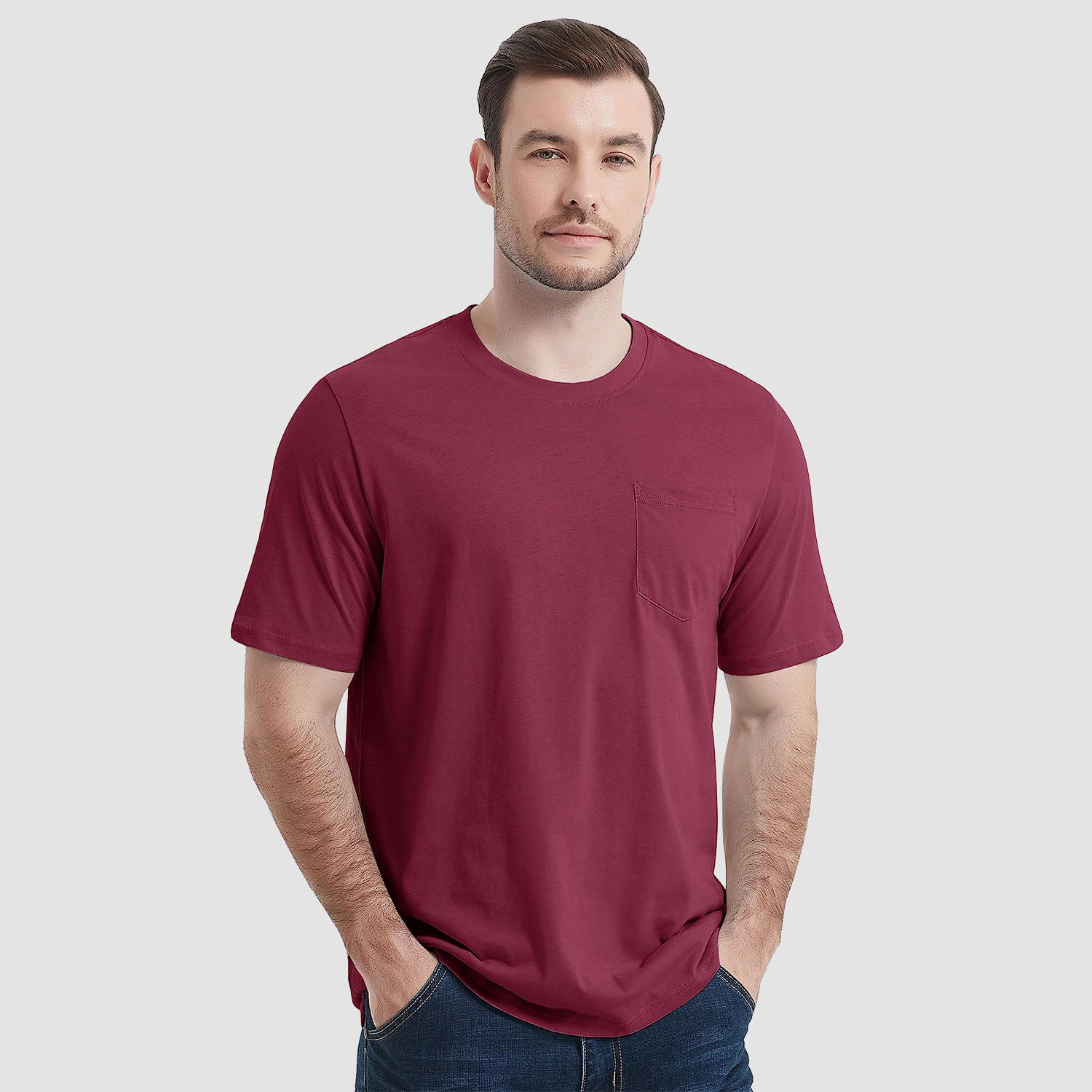 Men's white crew neck cotton tee with chest pocket, short sleeve classic everyday fit