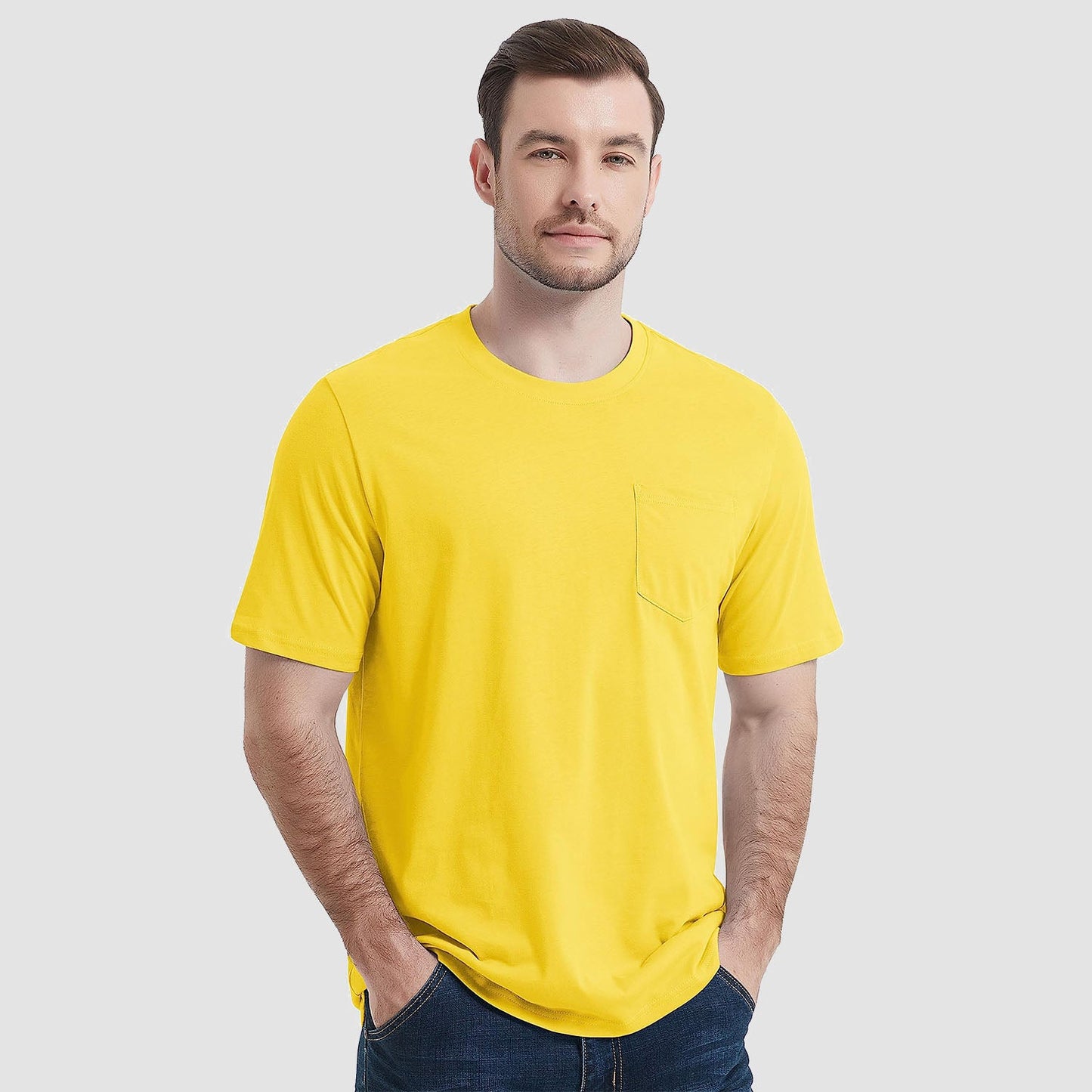 Men's white crew neck cotton pocket tee, classic short sleeve everyday casual shirt with chest pocket