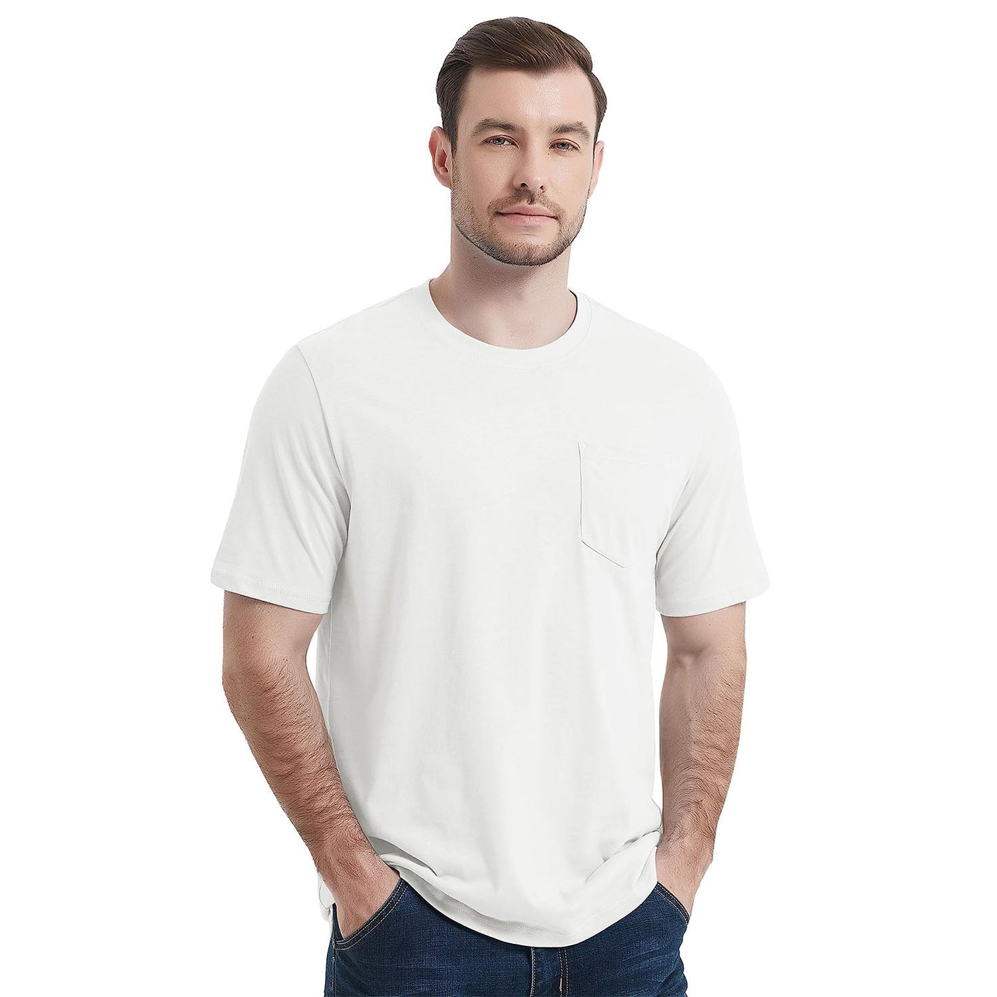 Men's white crew neck cotton tee with short sleeves and functional left chest pocket