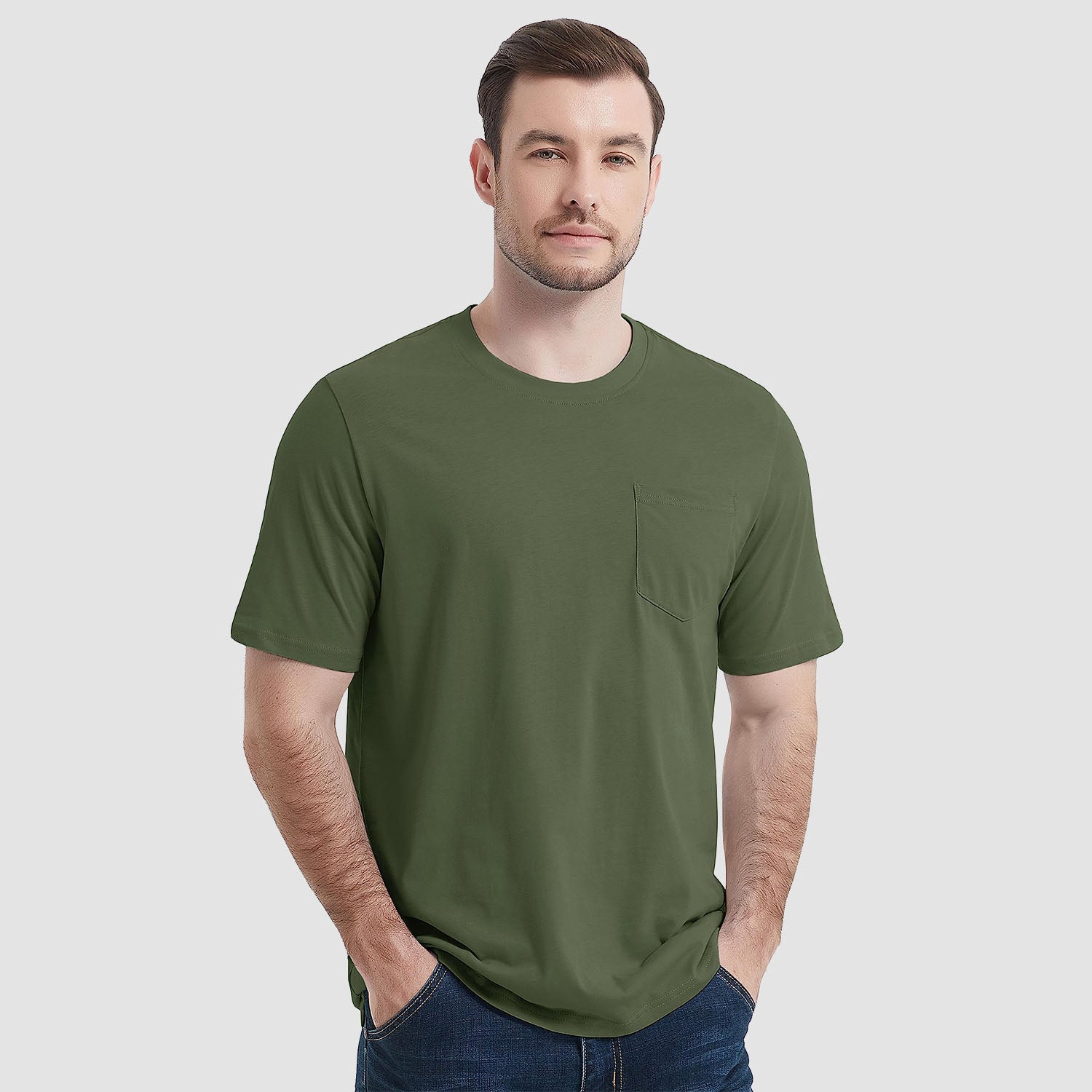 Men's white crew neck cotton tee with short sleeves and functional chest pocket