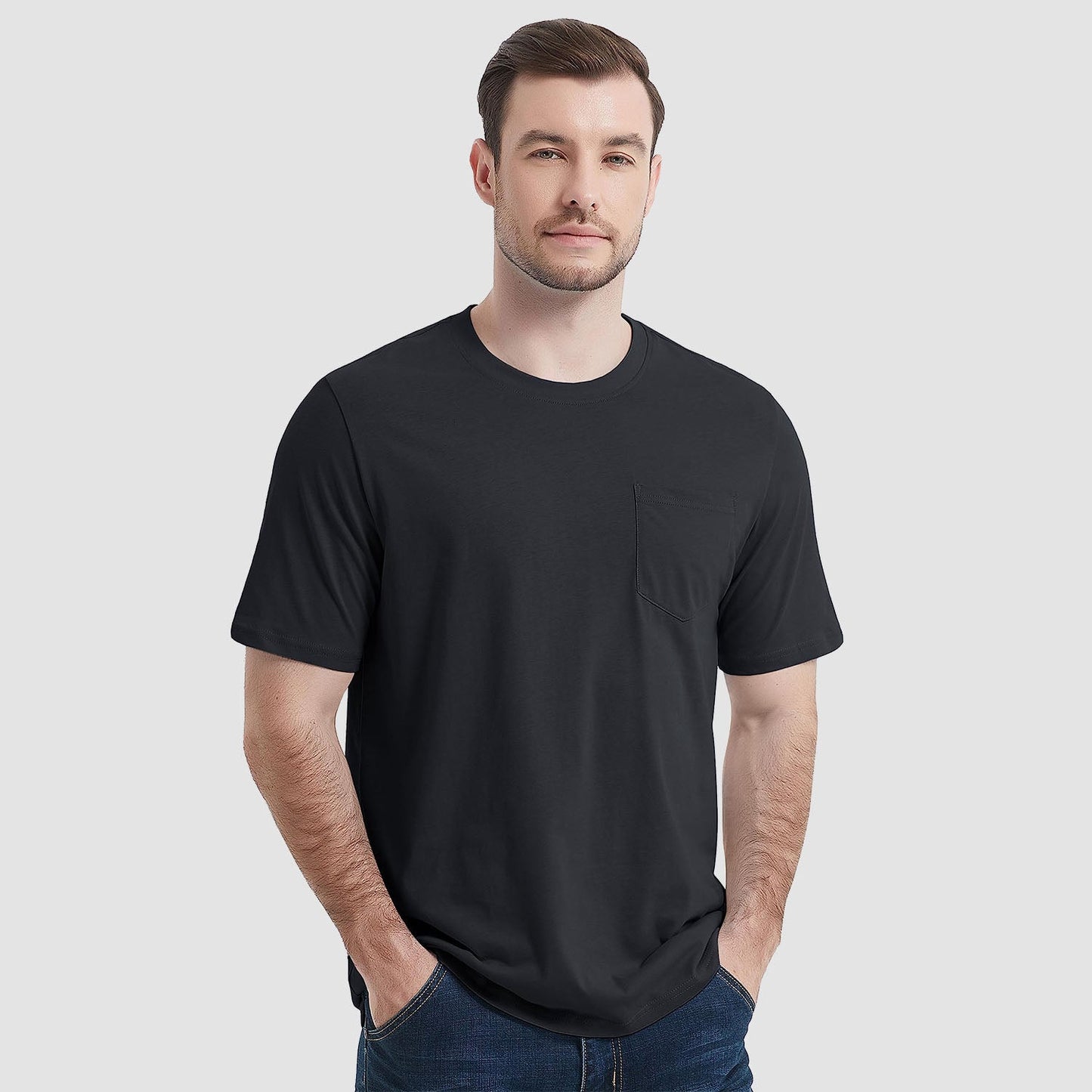 Men's white cotton crew neck tee with chest pocket, short sleeve classic fit for everyday wear