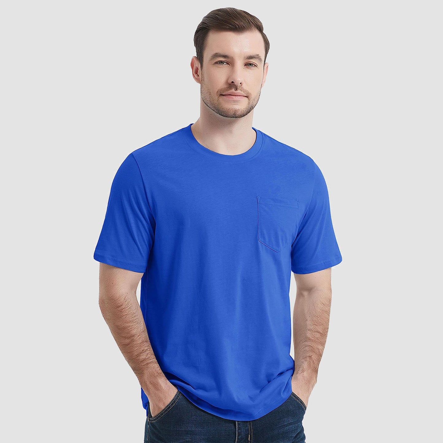 Men's white crew neck cotton tee with short sleeves and functional chest pocket