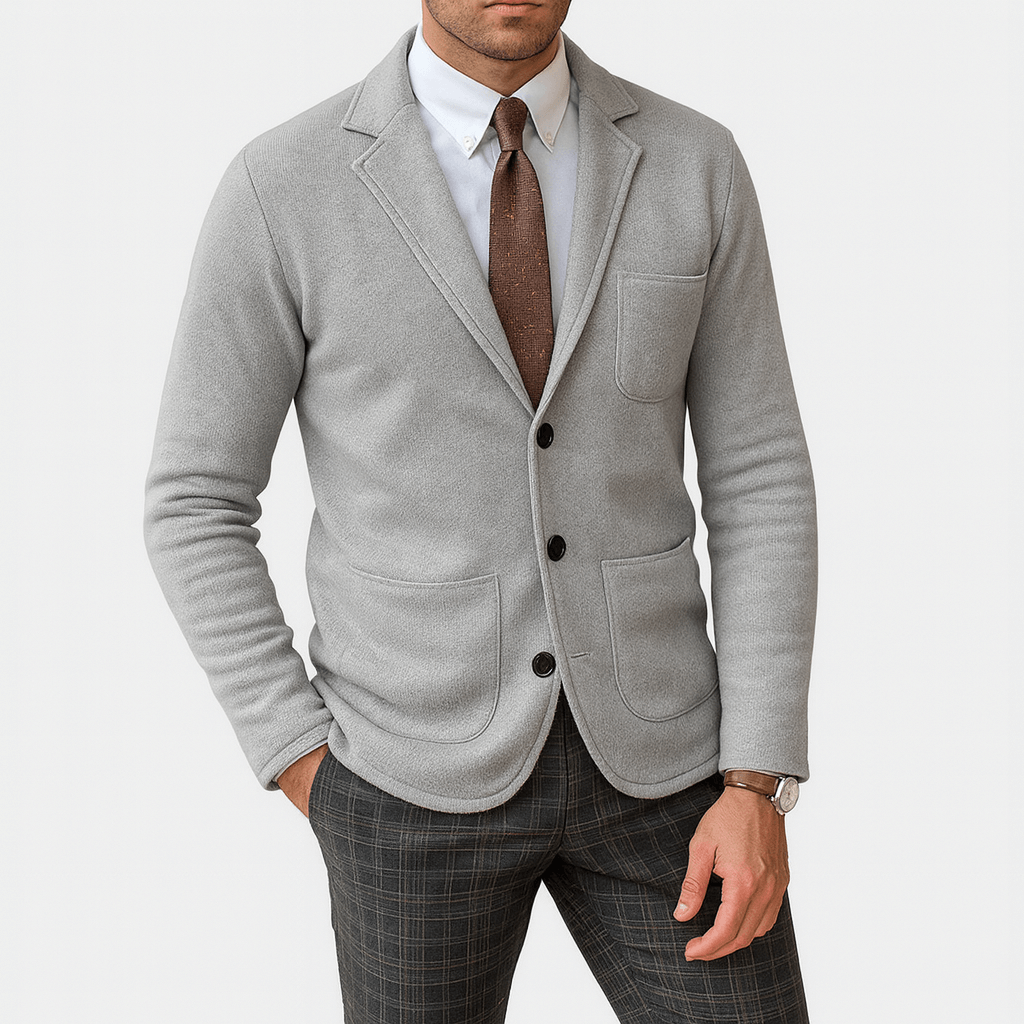 Men's tailored single-breasted blazer with notched lapels and patch pockets for office wear