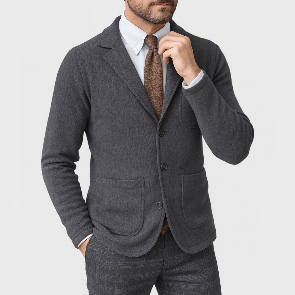 Men's tailored single-breasted blazer with notched lapels and patch pockets for office wear