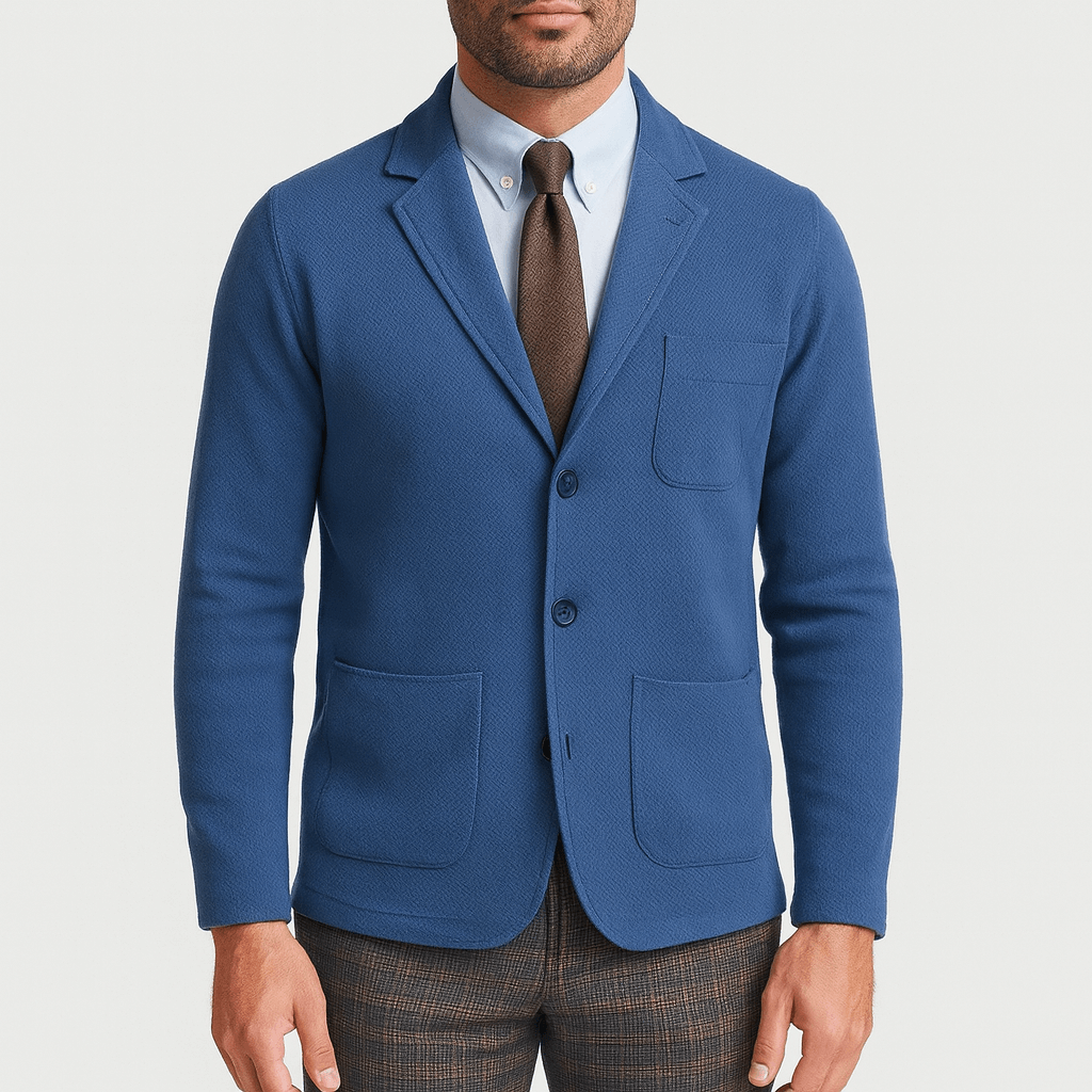 Men's tailored single-breasted blazer with notched lapels and patch pockets for office to evening wear