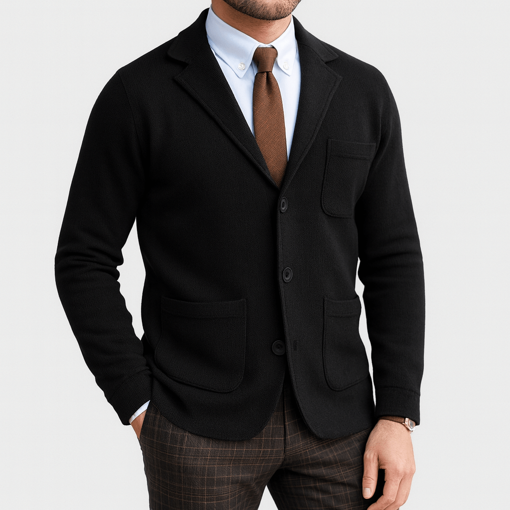 Men's tailored single-breasted blazer with notched lapels and patch pockets for office or evening