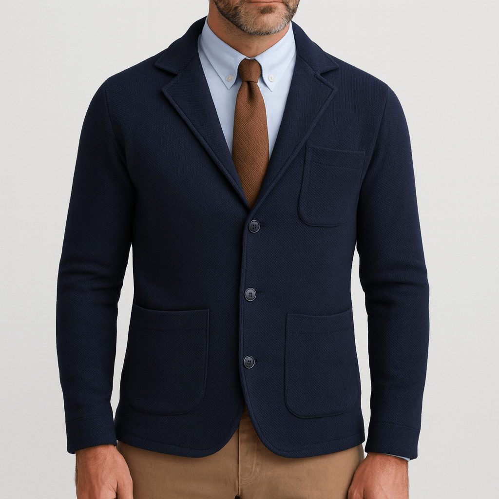 Men's navy tailored single-breasted blazer with notched lapels and patch pockets for office wear