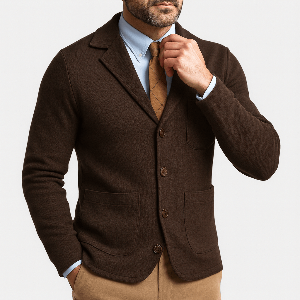 Men's single-breasted tailored blazer with notched lapels, slim professional cut for office to evening wear