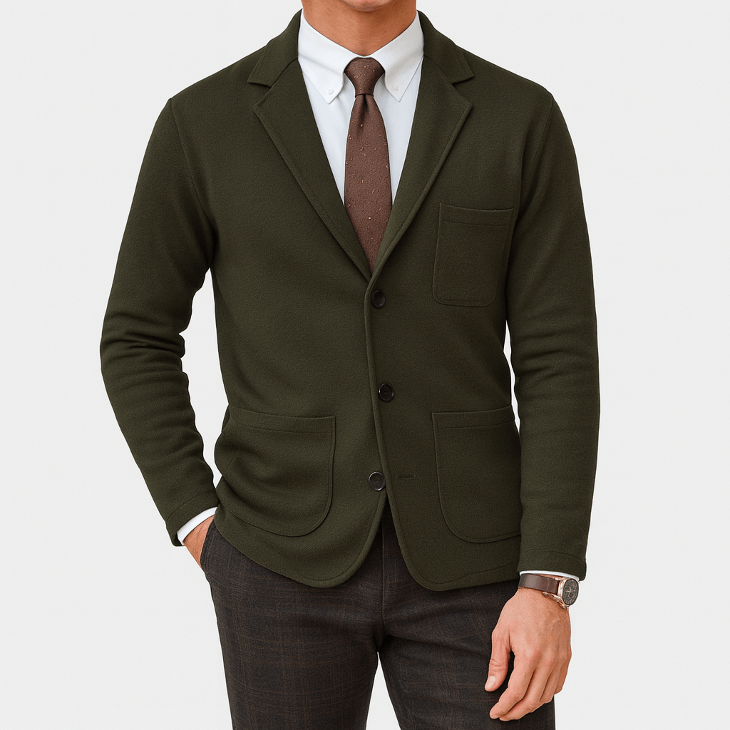 Men's navy tailored single-breasted blazer with notched lapels and patch pockets for office wear