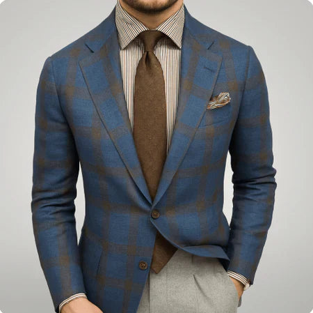 Men's tailored blazer bold blue check pattern notched lapels two-button slim fit formal jacket