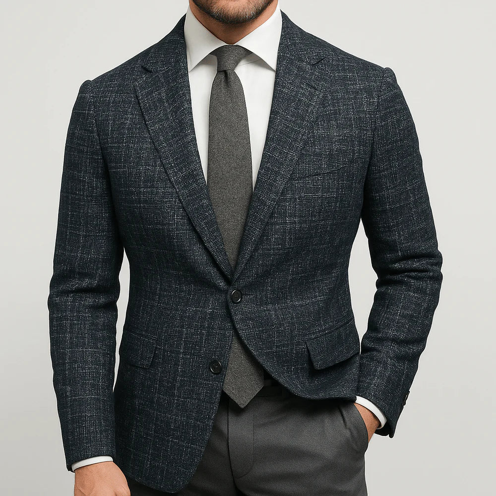 Men's tailored blazer bold blue check pattern notched lapels two-button slim fit formal jacket