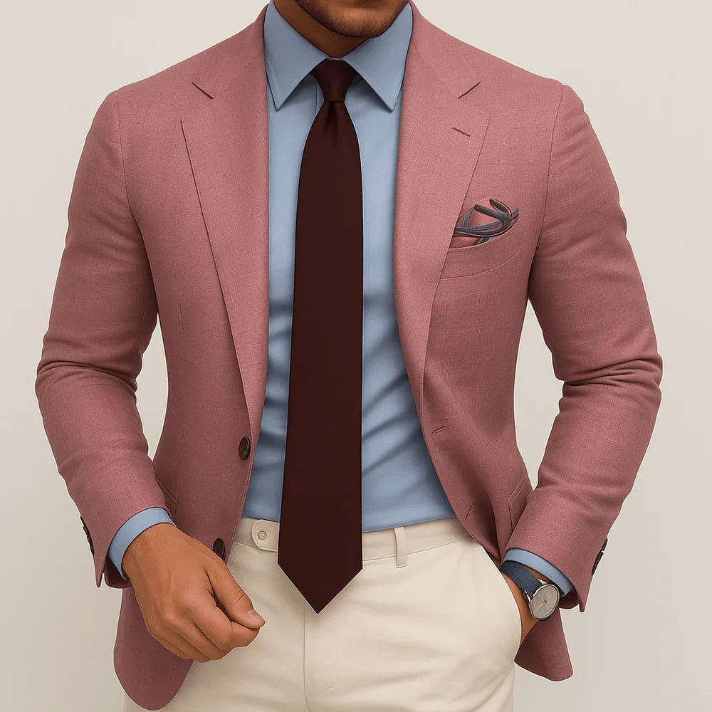 Men's tailored blazer bold blue check pattern notched lapels two-button slim fit formal jacket