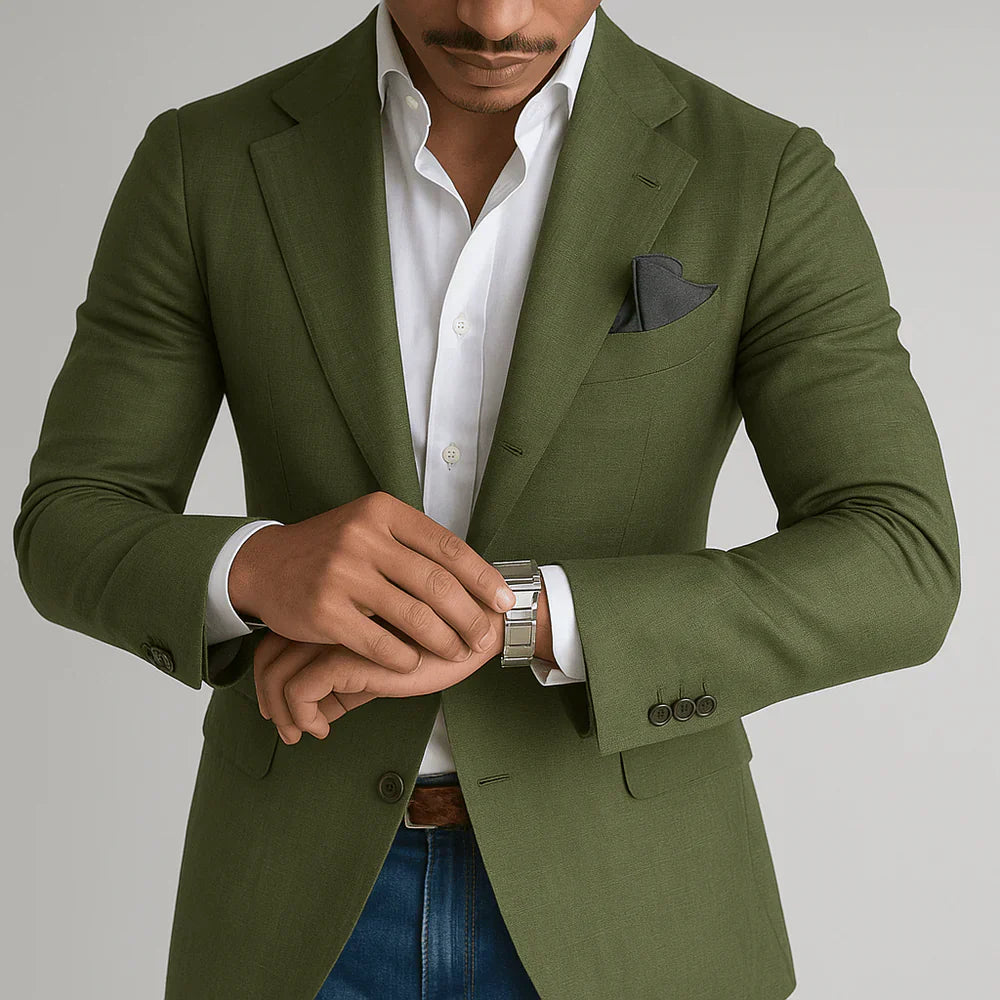 Men's tailored blazer bold blue check pattern notched lapels two-button slim fit formal jacket