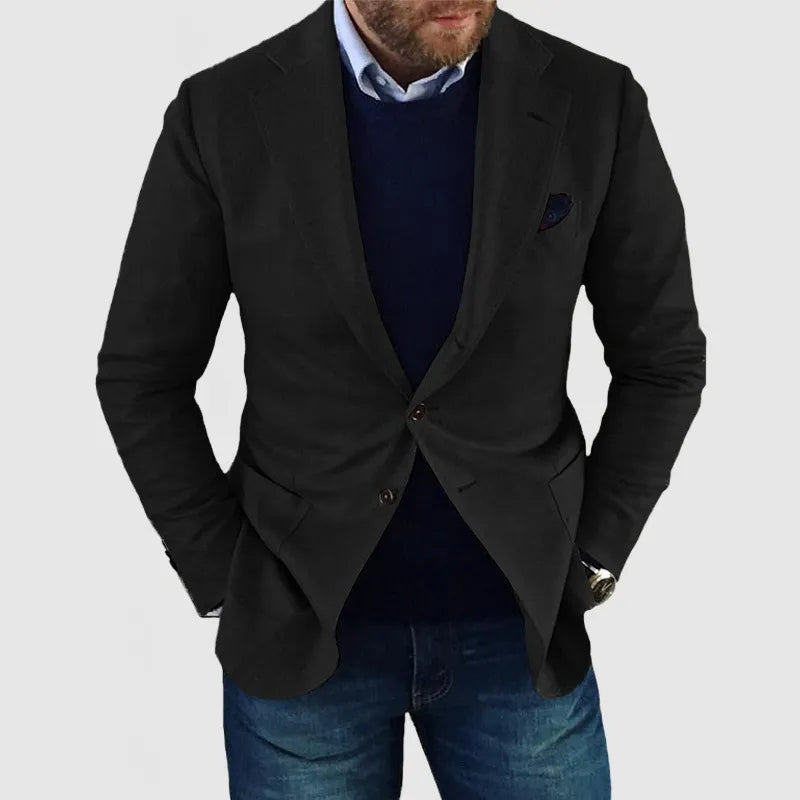 Men's navy tailored two-button blazer with notched lapel and welt pockets for smart casual wear