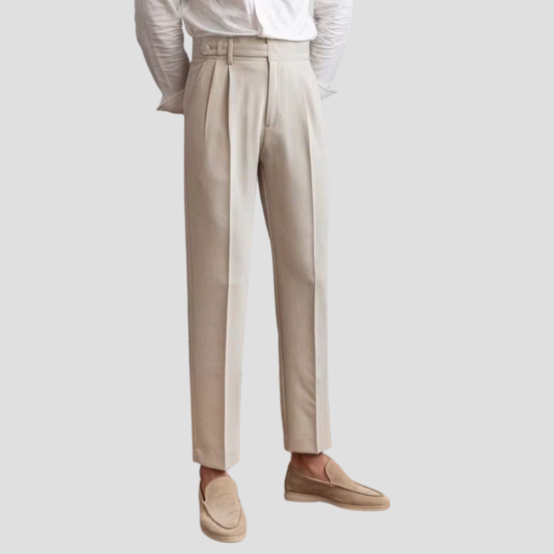 Men's tailored high-waist straight-leg pleated trousers with center crease, polished office style