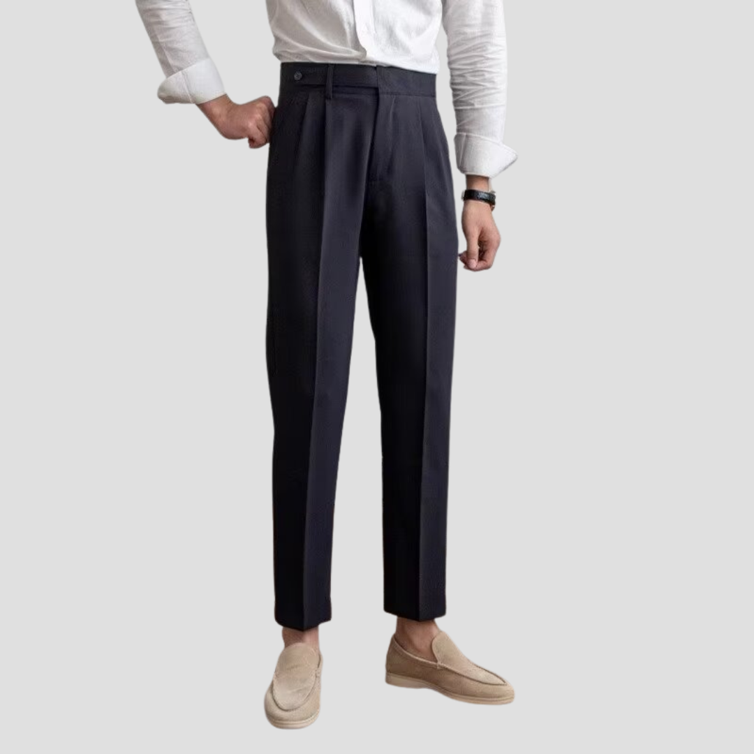 Men's high waist straight leg pleated trousers with front pleats and center crease for office wear