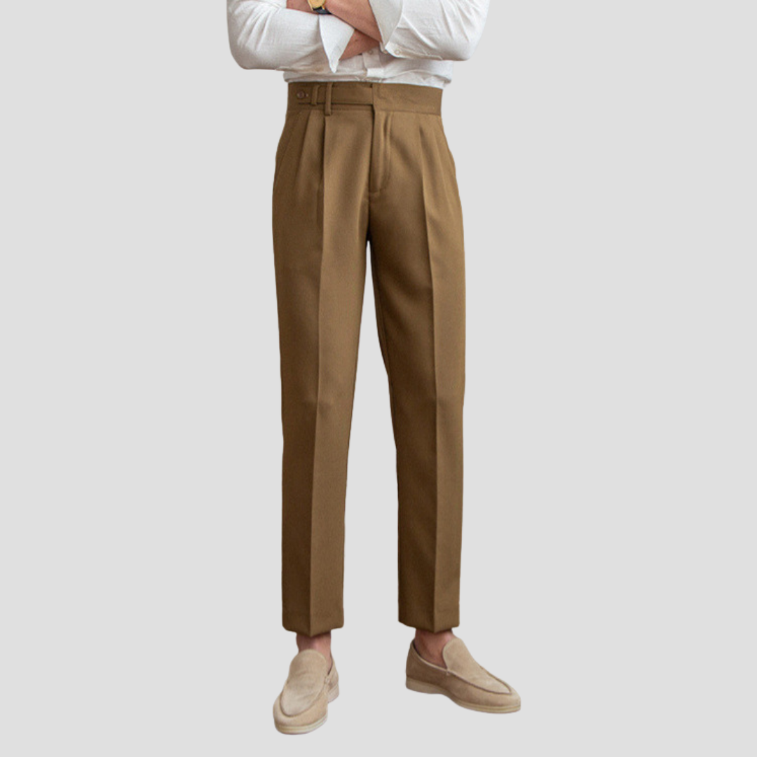 Men's high-waist straight-leg pleated trousers with center crease, tailored office style