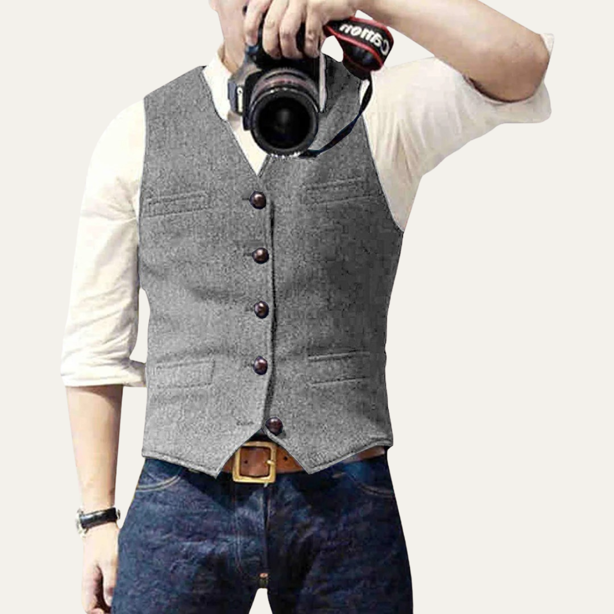 Men's tailored gray waistcoat structured fit classic button-up vest with welt pockets