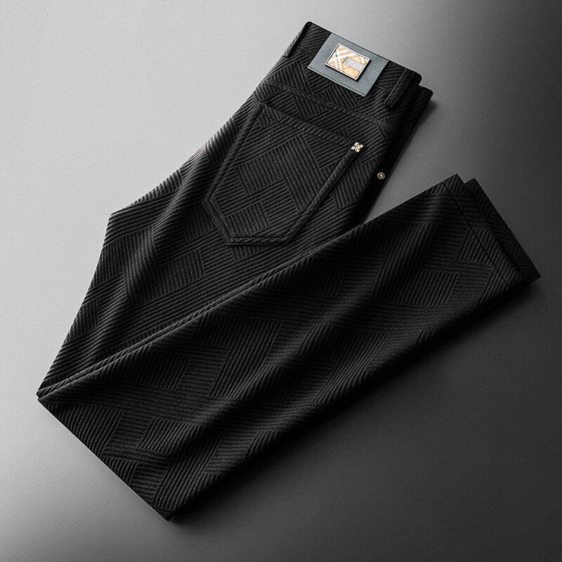 Men's tailored-fit textured trousers with bold geometric pattern, smart casual style for modern professionals