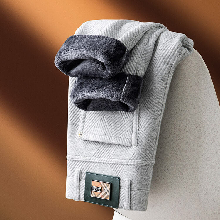 Men's tailored-fit textured trousers with bold geometric pattern, smart-casual style for modern professionals