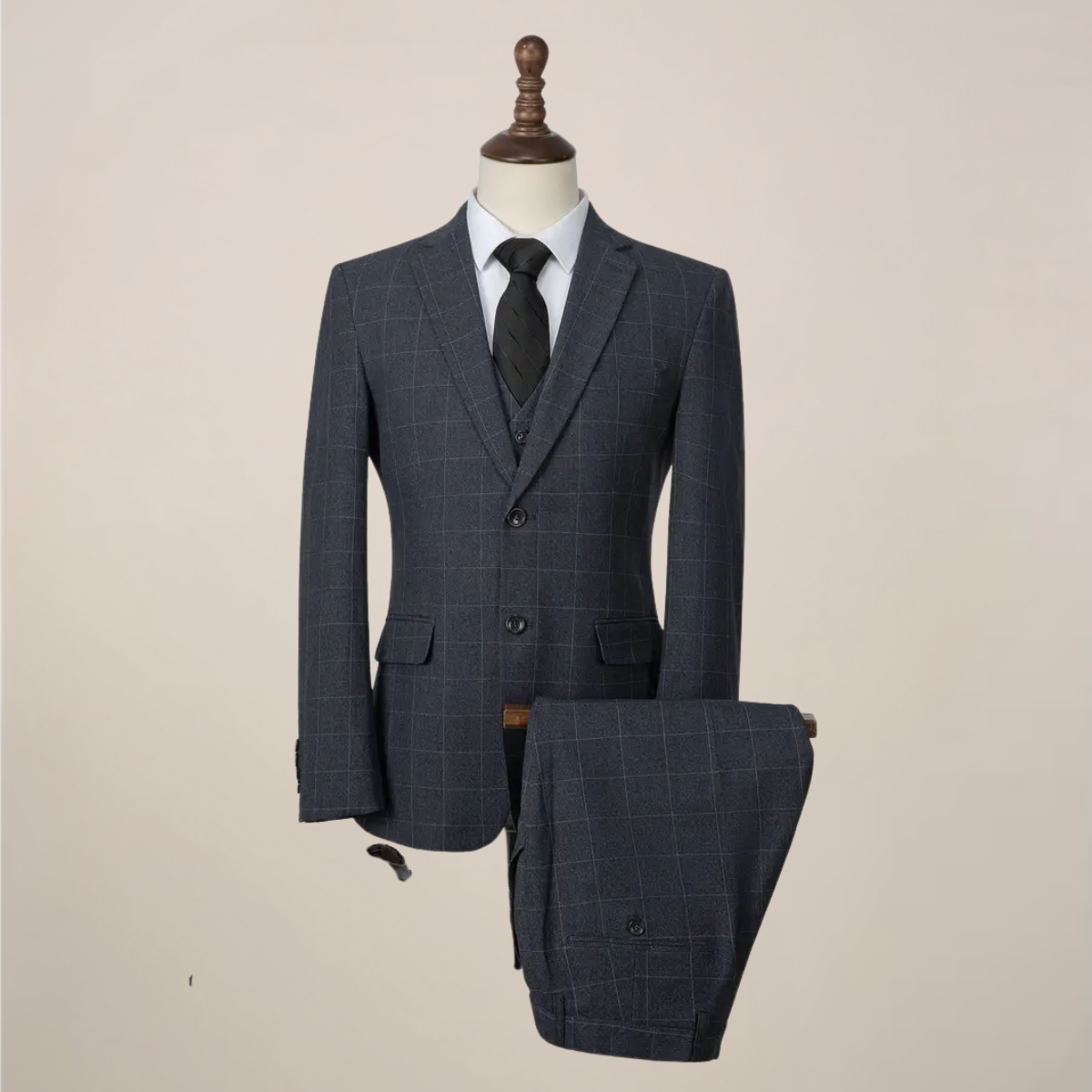 Men's navy slim fit three-piece suit with single-breasted blazer, waistcoat, and tailored trousers