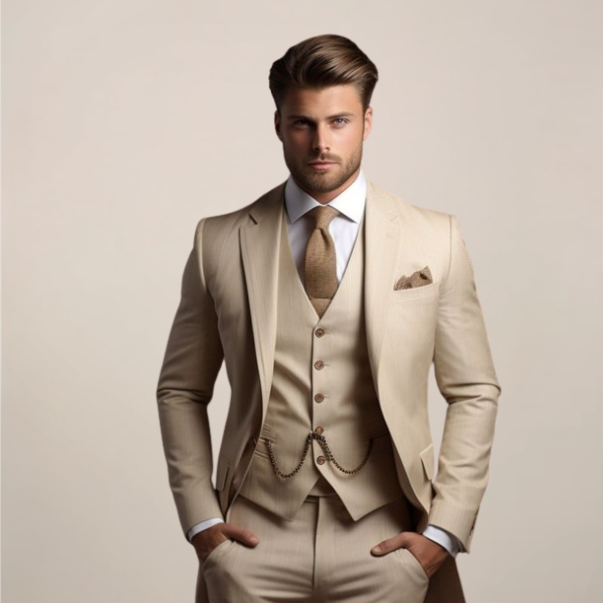 Men's light spring three-piece suit modern tailored fit with matching vest wedding formal