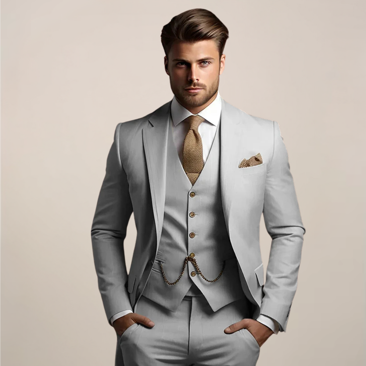 Men's light gray three-piece formal suit modern slim fit with matching vest wedding ready