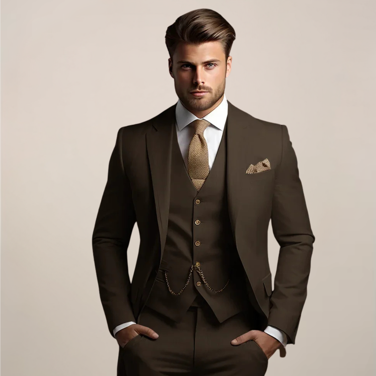 Men's light gray three-piece formal suit modern slim fit with matching vest wedding ready