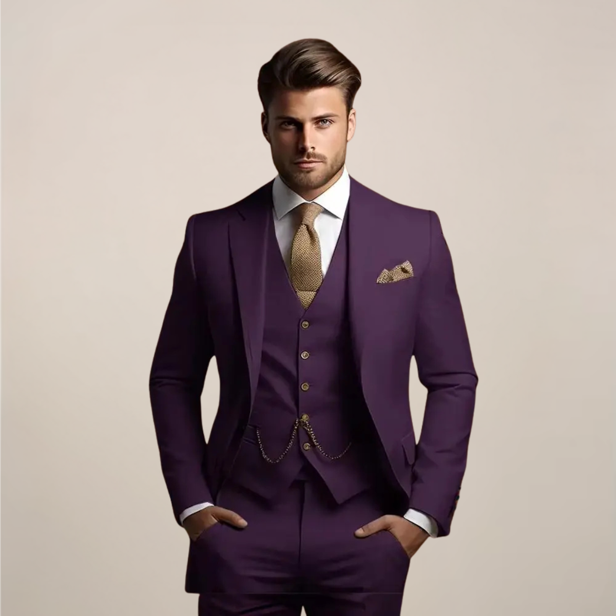 Men's light gray three-piece formal suit modern slim fit with matching vest wedding ready