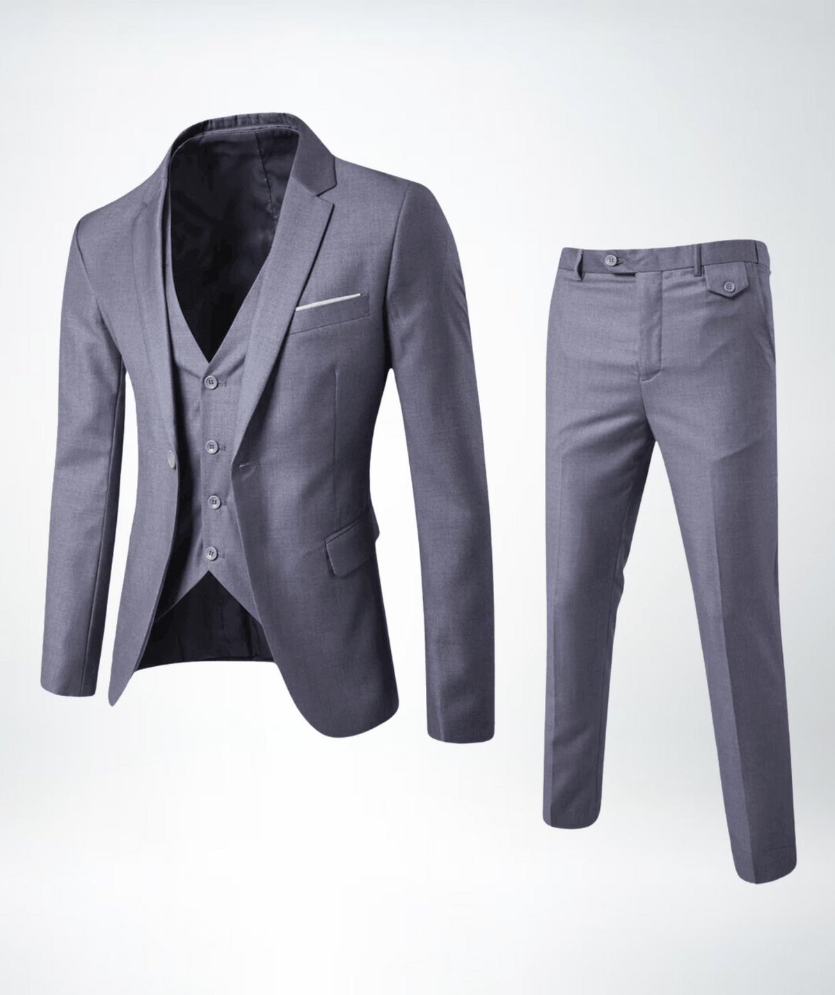 Men's classic formal three-piece suit set with blazer, vest and trousers for professionals