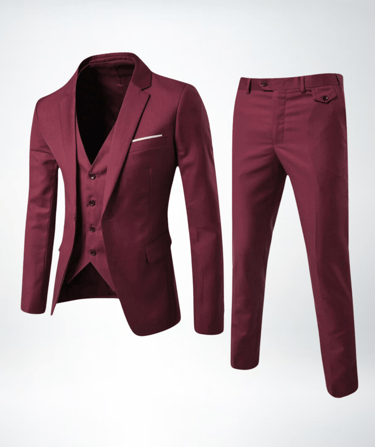 Men's three-piece classic formal suit set in solid color, slim-fit blazer vest trousers ensemble