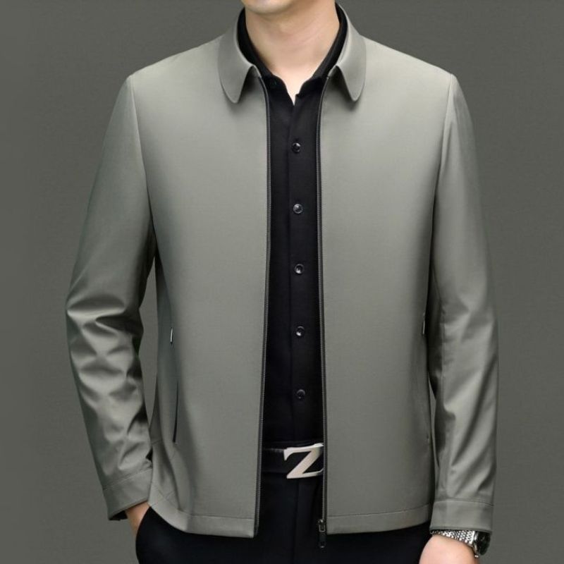Men's lightweight minimalist zip-up jacket with concealed zipper, sharp collar, versatile transitional style