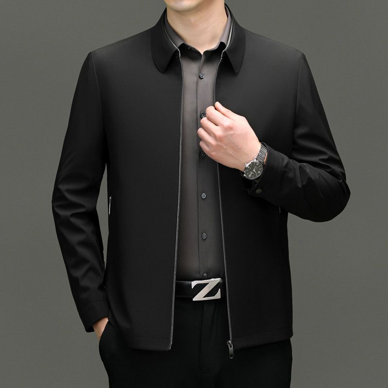 Men's lightweight minimalist zip-up jacket with concealed zipper, sharp collar, slim structured fit