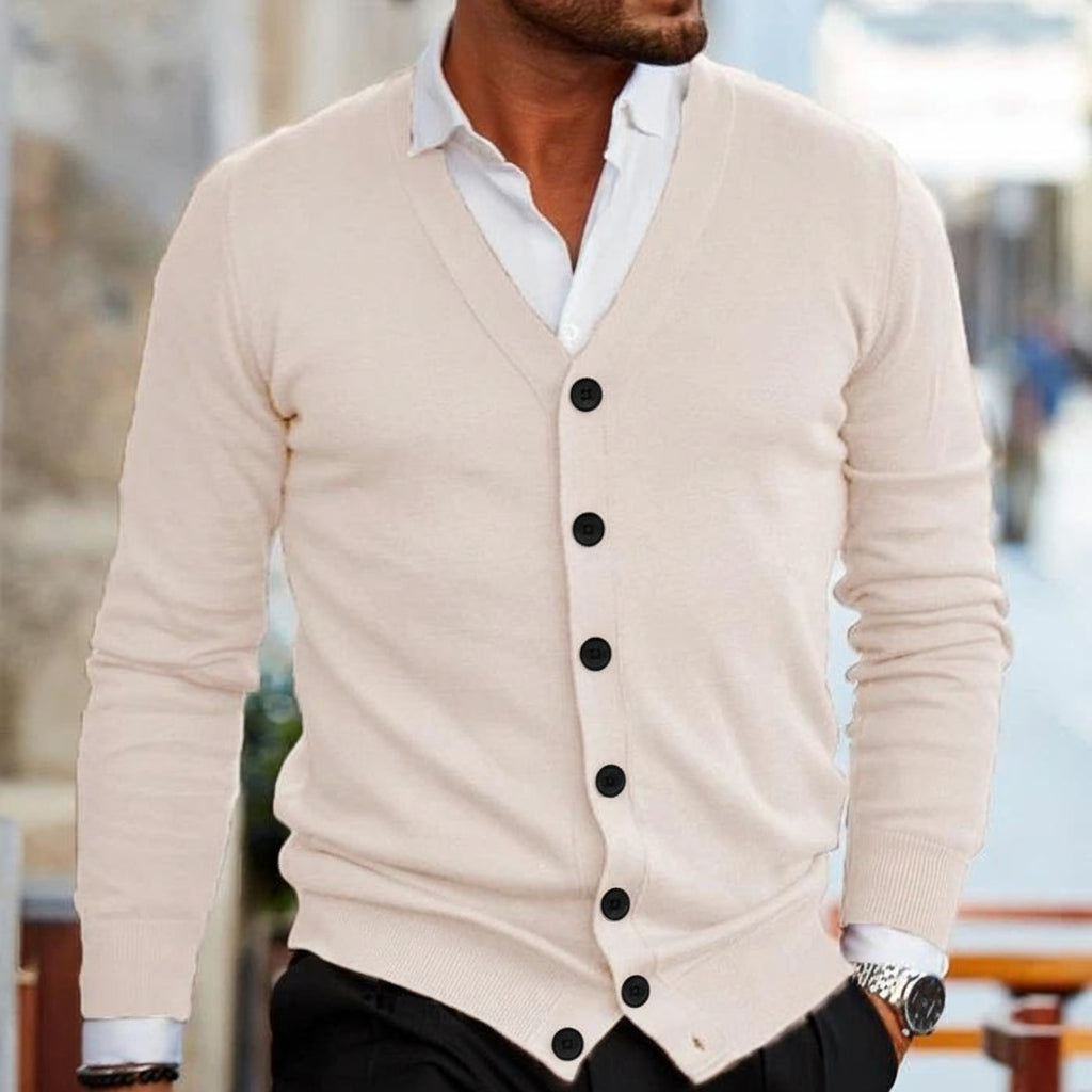 Men's slim fit V-neck button cardigan smart casual layering piece for work and evening wear