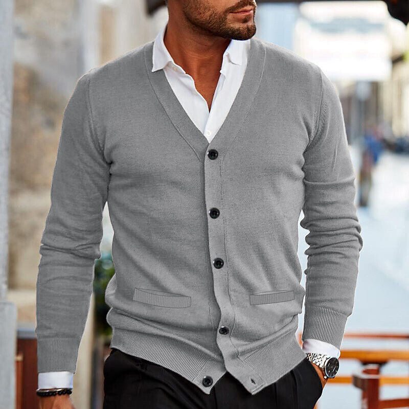 Men's slim fit V-neck button cardigan smart casual layering piece for work and evening wear