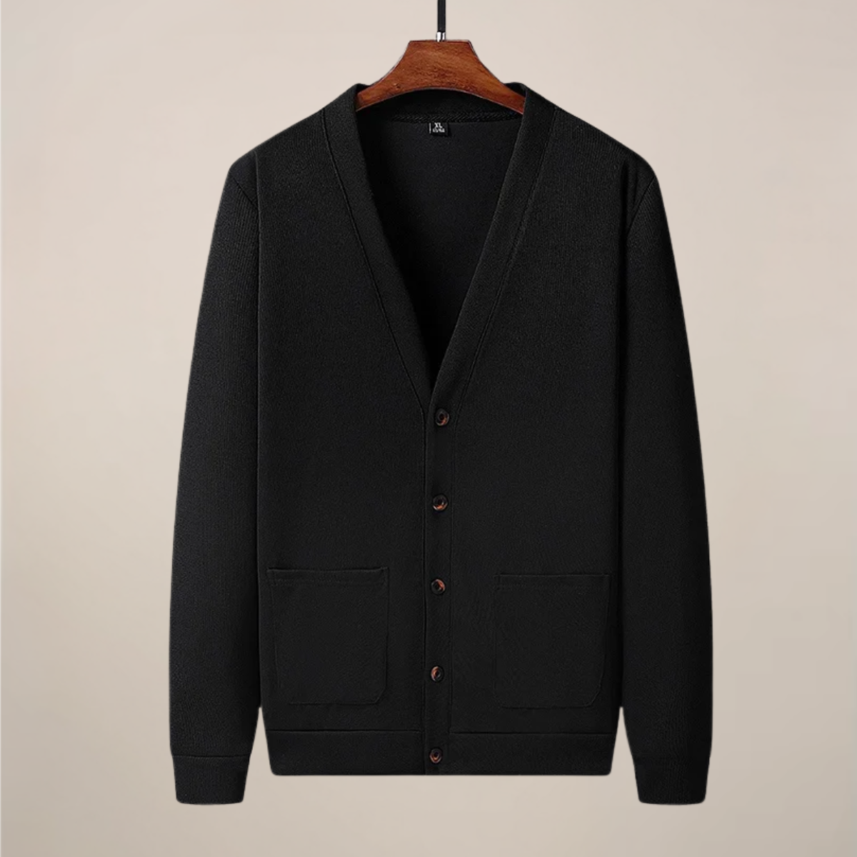 Men's button-up V-neck cardigan smart casual knit with front pockets, clean refined silhouette