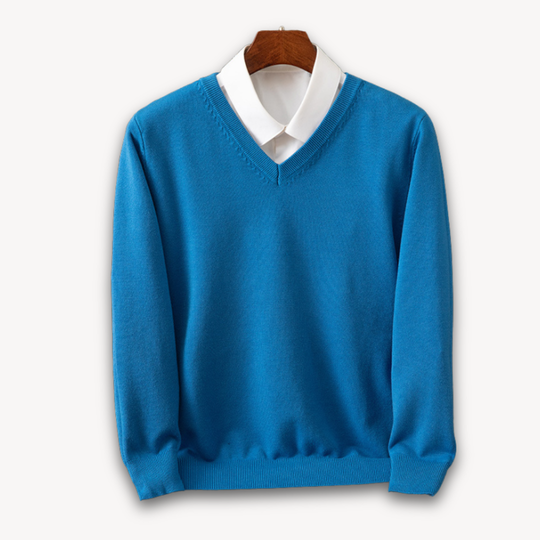 Men's black slim fit V-neck sweater with ribbed cuffs, fine-gauge knit, office-to-evening style