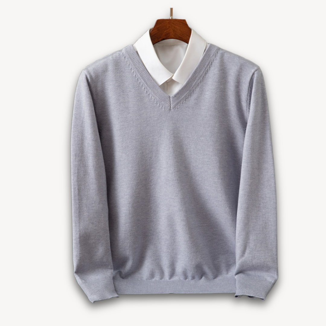 Men's black slim fit V-neck sweater ribbed cuffs fine-gauge knit office to evening style