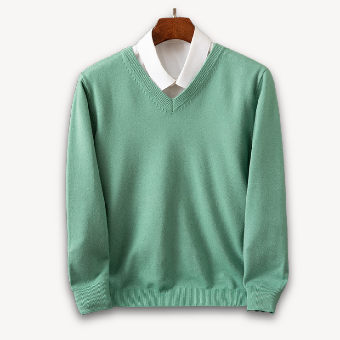 Men's black slim fit V-neck sweater with ribbed cuffs, fine-gauge knit, office-to-evening style
