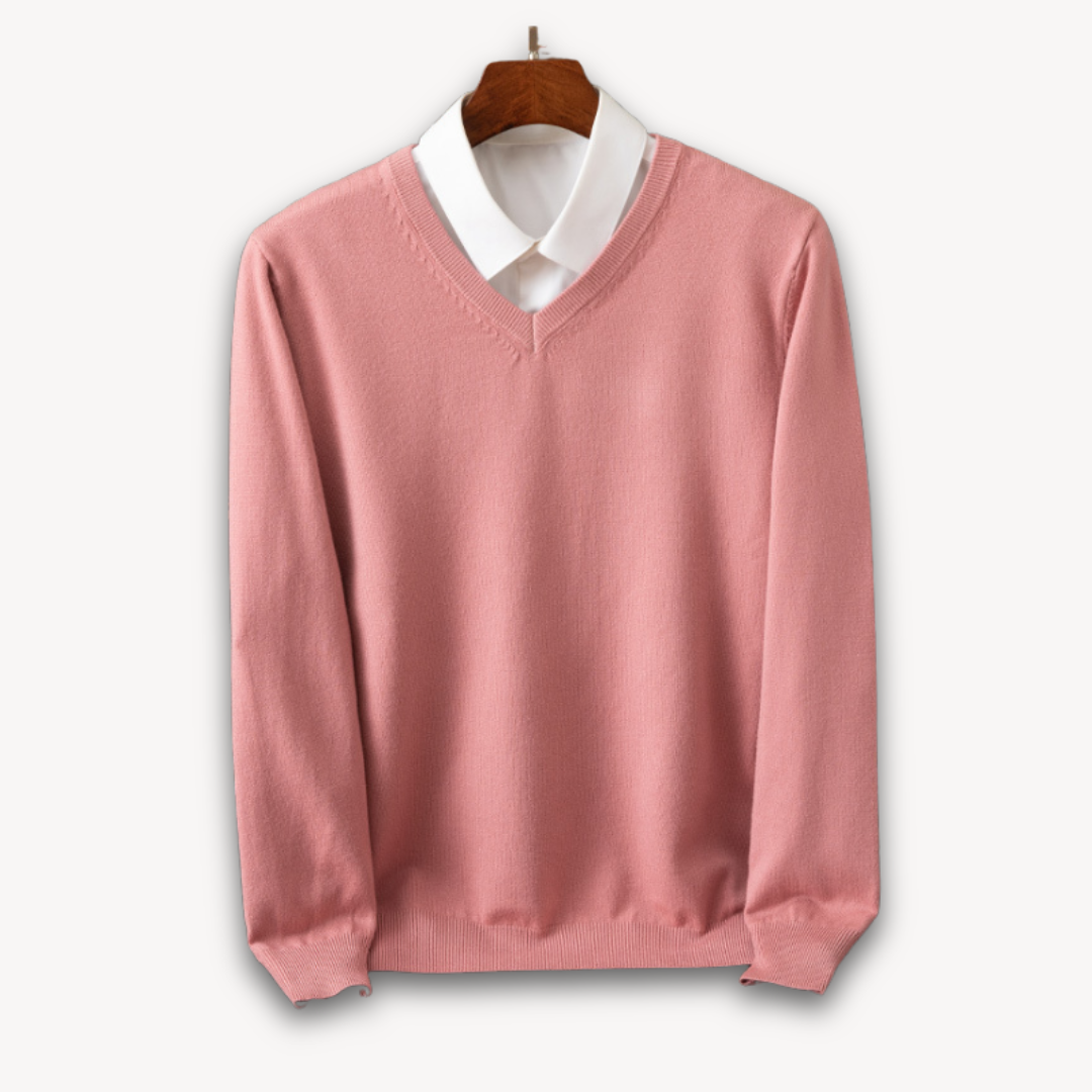 Men's slim fit black V-neck sweater with ribbed cuffs, fine-gauge knit for office to evening wear