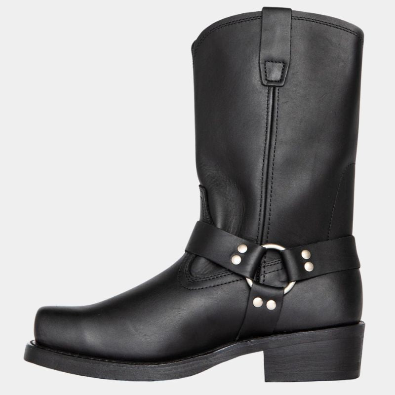 Women's vintage brown cowboy boots with harness strap, square toe, and mid-calf Western silhouette