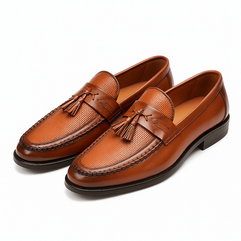 Men's brown woven tassel loafers slip-on formal smart casual elegant handcrafted upper timeless style
